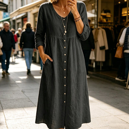 👗 50% DE RÉDUCTION! ✨ Élégante Robe Midi en Lin Col V avec Boutons – Confortable, Style Décontracté & Parfaite Pour Un Usage Quotidien 🌸