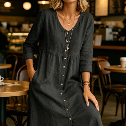 👗 50% DE RÉDUCTION! ✨ Élégante Robe Midi en Lin Col V avec Boutons – Confortable, Style Décontracté & Parfaite Pour Un Usage Quotidien 🌸