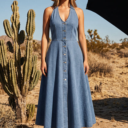 Women's Backless V-Neck Sleeveless Denim Dress