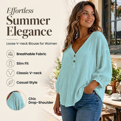 🔥-55%👕 Haut Décontracté Femme Col en V – Manches 3/4 Bouffantes en Tissu Texturé