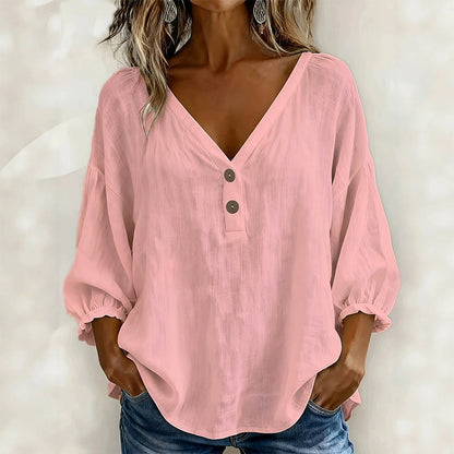 🔥-55%👕 Haut Décontracté Femme Col en V – Manches 3/4 Bouffantes en Tissu Texturé