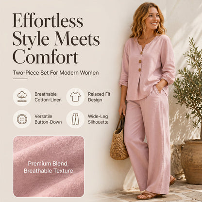 🔥-40%👗 Ensemble Femme Haut Col en V et Pantalon Large – Tenue Décontractée Deux Pièces🍃 idéale maison et ville