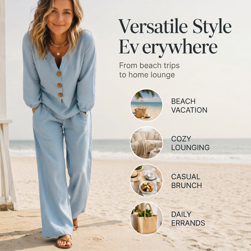 🔥-40%👗 Ensemble Femme Haut Col en V et Pantalon Large – Tenue Décontractée Deux Pièces🍃 idéale maison et ville