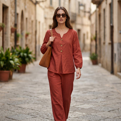 🔥-40%👗 Ensemble Femme Haut Col en V et Pantalon Large – Tenue Décontractée Deux Pièces🍃 idéale maison et ville