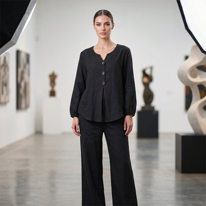 🔥-40%👗 Ensemble Femme Haut Col en V et Pantalon Large – Tenue Décontractée Deux Pièces🍃 idéale maison et ville