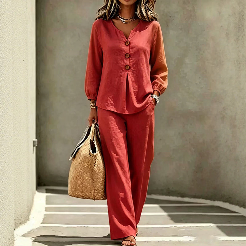 🔥-40%👗 Ensemble Femme Haut Col en V et Pantalon Large – Tenue Décontractée Deux Pièces🍃 idéale maison et ville