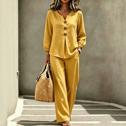 🔥-40%👗 Ensemble Femme Haut Col en V et Pantalon Large – Tenue Décontractée Deux Pièces🍃 idéale maison et ville