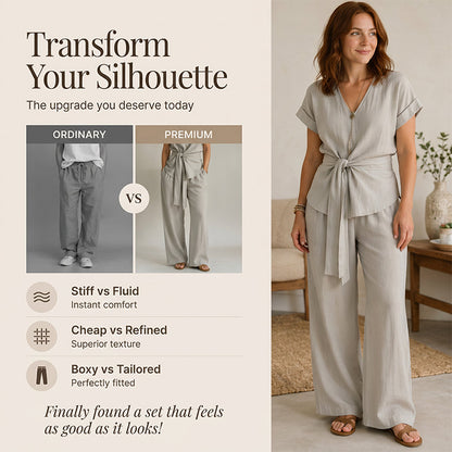 🔥-50%👗 Ensemble Femme Deux Pièces – Haut À Nouer et Pantalon Large Décontracté🍃