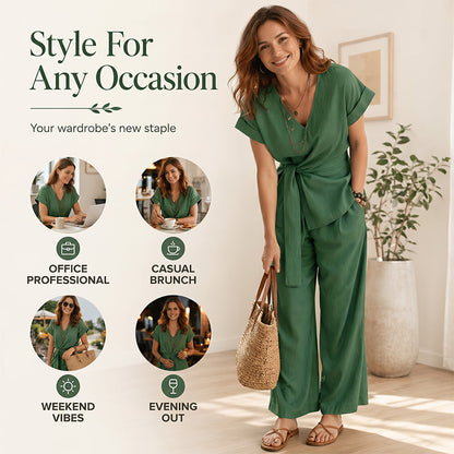 🔥-50%👗 Ensemble Femme Deux Pièces – Haut À Nouer et Pantalon Large Décontracté🍃