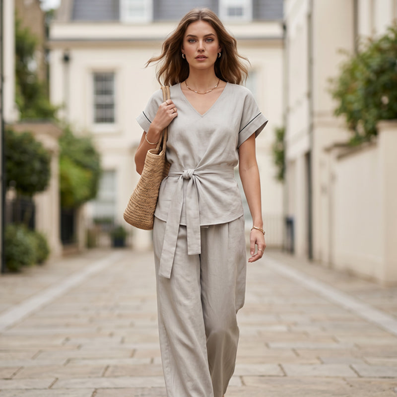 🔥-50%👗 Ensemble Femme Deux Pièces – Haut À Nouer et Pantalon Large Décontracté🍃