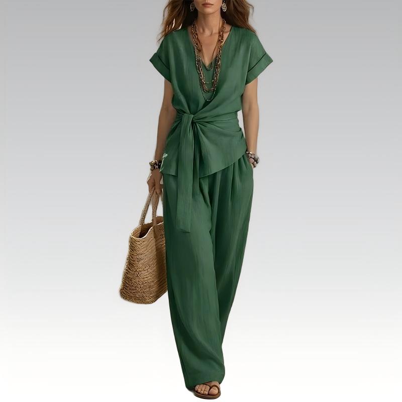 🔥-50%👗 Ensemble Femme Deux Pièces – Haut À Nouer et Pantalon Large Décontracté🍃