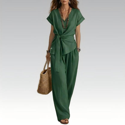 🔥-50%👗 Ensemble Femme Deux Pièces – Haut À Nouer et Pantalon Large Décontracté🍃