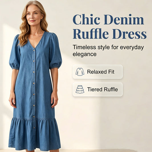 Robe Femme à Col en V, Simple Boutonnage et Manches Courtes