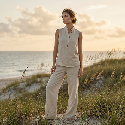 💕 50% DE RÉDUCTION! 👗 Ensemble Femme Minimaliste – Top sans manches & pantalon large – Coupe fluide, confortable & élégante – Parfait pour un look épuré au quotidien 🌿