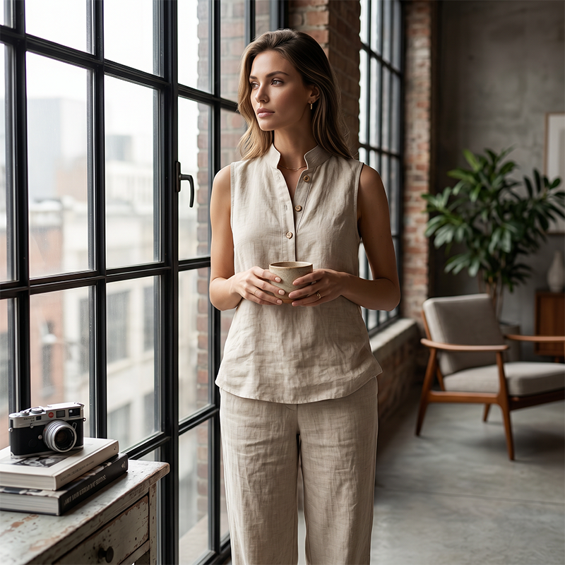 💕 50% DE RÉDUCTION! 👗 Ensemble Femme Minimaliste – Top sans manches & pantalon large – Coupe fluide, confortable & élégante – Parfait pour un look épuré au quotidien 🌿