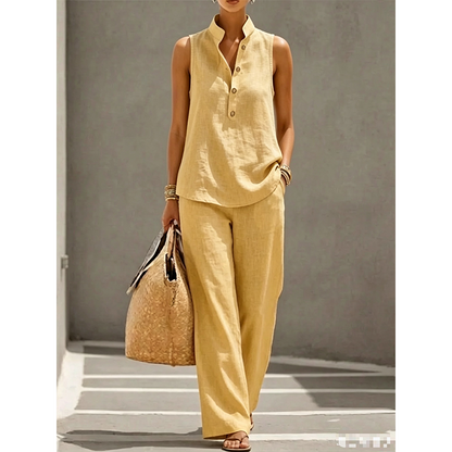 💕 50% DE RÉDUCTION! 👗 Ensemble Femme Minimaliste – Top sans manches & pantalon large – Coupe fluide, confortable & élégante – Parfait pour un look épuré au quotidien 🌿