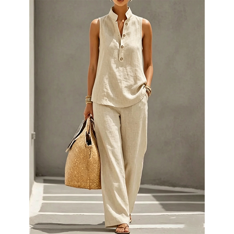 💕 50% DE RÉDUCTION! 👗 Ensemble Femme Minimaliste – Top sans manches & pantalon large – Coupe fluide, confortable & élégante – Parfait pour un look épuré au quotidien 🌿