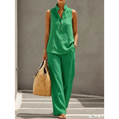 💕 50% DE RÉDUCTION! 👗 Ensemble Femme Minimaliste – Top sans manches & pantalon large – Coupe fluide, confortable & élégante – Parfait pour un look épuré au quotidien 🌿