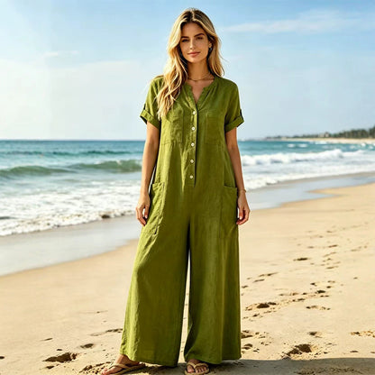 🔥-40% 👖 Combinaison Femme Décontractée – Manches Courtes, Jambes Larges et Fermeture Éclair🌿 style décontracté pour le quotidien
