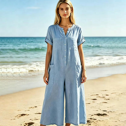 🔥-40% 👖 Combinaison Femme Décontractée – Manches Courtes, Jambes Larges et Fermeture Éclair🌿 style décontracté pour le quotidien