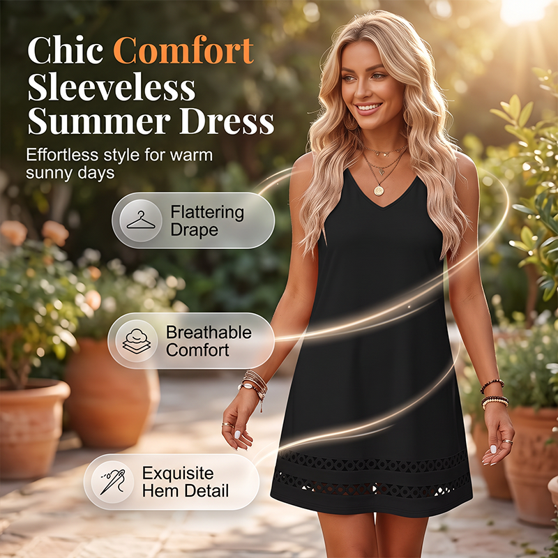 🔥-55%👗 Robe Femme Sans Manches Col en V – Ourlet Brodé Ajouré Coupe Fluide