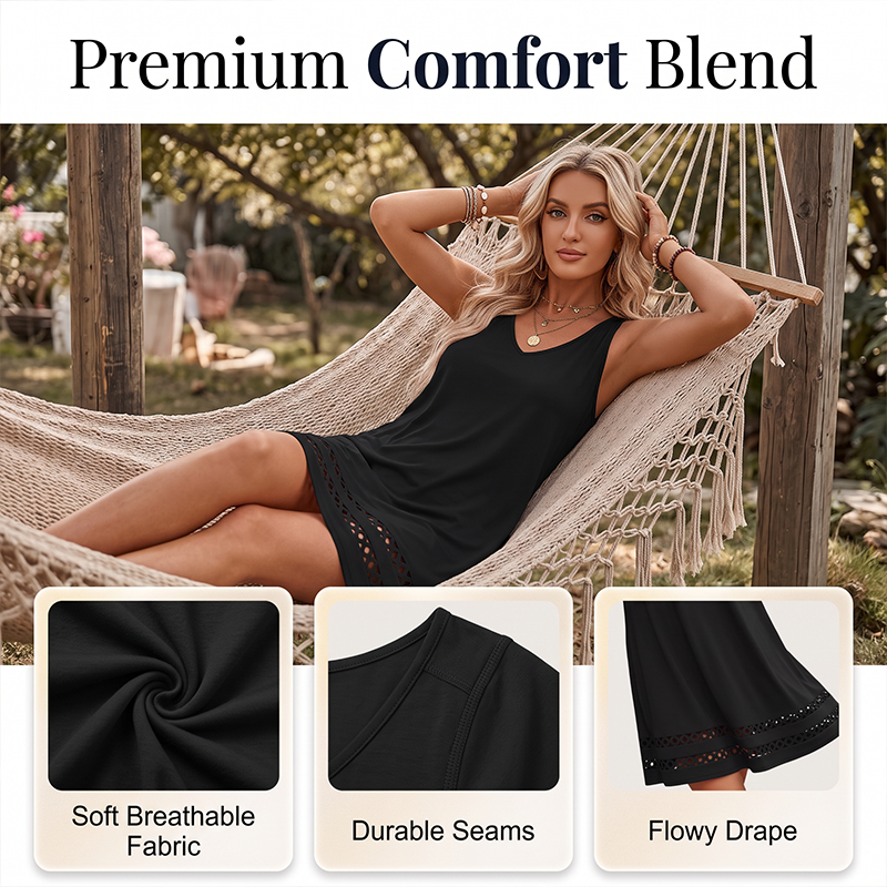 🔥-55%👗 Robe Femme Sans Manches Col en V – Ourlet Brodé Ajouré Coupe Fluide