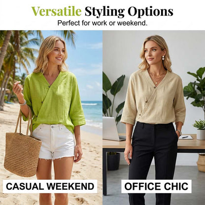 🔥-44%👕 Chemisier Femme Décontracté Col en V – Manches 3/4 🌿 boutons sur le devant pour le quotidien