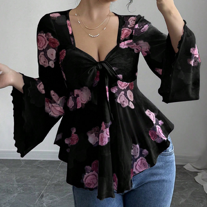 🌸Chemisier femme à imprimé floral, encolure carrée et noué sur le devant