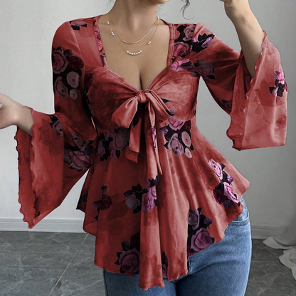 🌸Chemisier femme à imprimé floral, encolure carrée et noué sur le devant