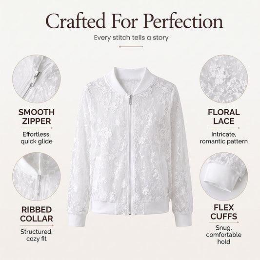 ⌛Offre à durée limitée - Veste de baseball zippée en dentelle florale transparente pour femme
