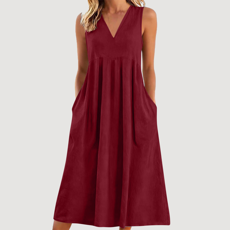 Robe midi décontractée sans manches à col en V pour femme