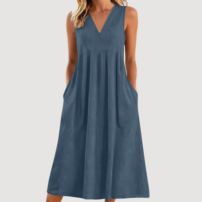 Robe midi décontractée sans manches à col en V pour femme