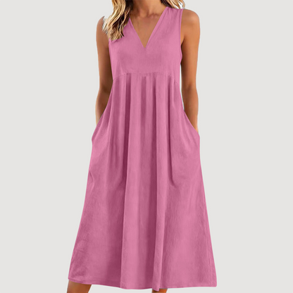 Robe midi décontractée sans manches à col en V pour femme