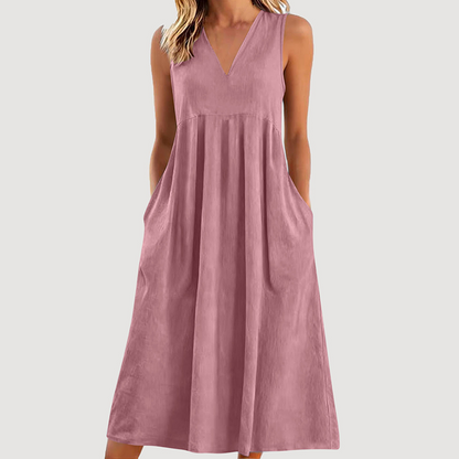 Robe midi décontractée sans manches à col en V pour femme