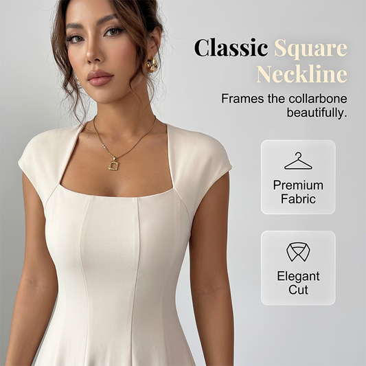 Robe longue élégante à col carré, coupe trapèze ajustée pour femme