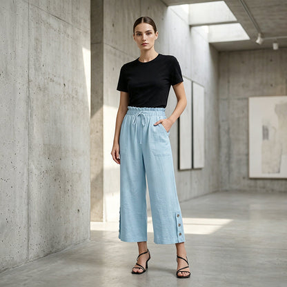 Pantalon large en coton et lin pour femme