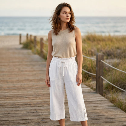 Pantalon large en coton et lin pour femme