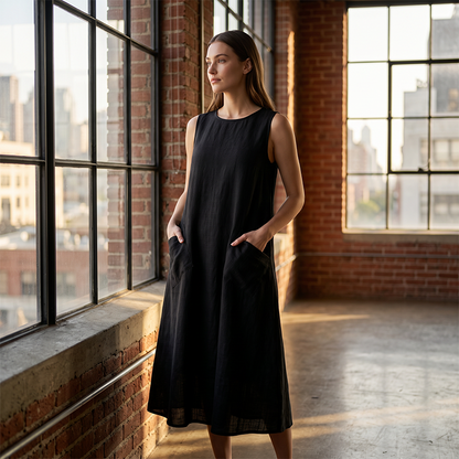 🔥-50%👗 Robe Longue Femme Sans Manches en Coton – Col Rond, Poches et Coupe Linen Look Décontractée🌿 tissu respirant