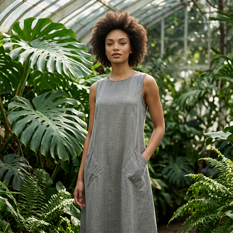 🔥-50%👗 Robe Longue Femme Sans Manches en Coton – Col Rond, Poches et Coupe Linen Look Décontractée🌿 tissu respirant
