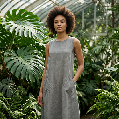 🔥-50%👗 Robe Longue Femme Sans Manches en Coton – Col Rond, Poches et Coupe Linen Look Décontractée🌿 tissu respirant