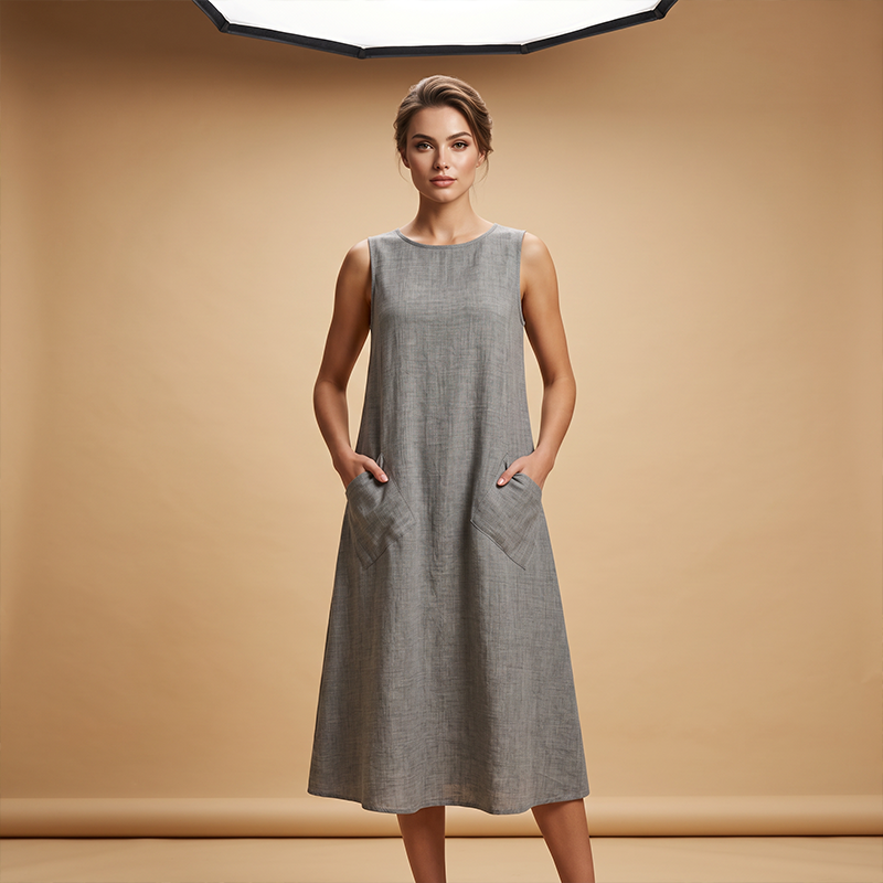 🔥-50%👗 Robe Longue Femme Sans Manches en Coton – Col Rond, Poches et Coupe Linen Look Décontractée🌿 tissu respirant