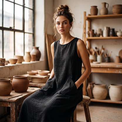 🔥-50%👗 Robe Longue Femme Sans Manches en Coton – Col Rond, Poches et Coupe Linen Look Décontractée🌿 tissu respirant