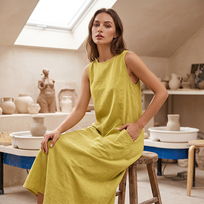 🔥-50%👗 Robe Longue Femme Sans Manches en Coton – Col Rond, Poches et Coupe Linen Look Décontractée🌿 tissu respirant