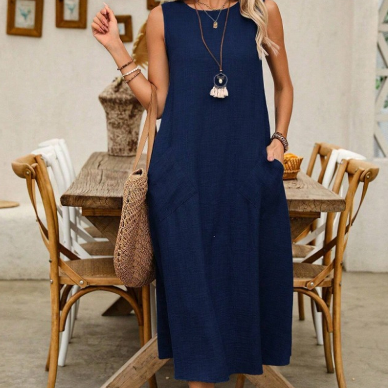 🔥-50%👗 Robe Longue Femme Sans Manches en Coton – Col Rond, Poches et Coupe Linen Look Décontractée🌿 tissu respirant