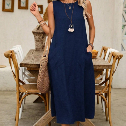 🔥-50%👗 Robe Longue Femme Sans Manches en Coton – Col Rond, Poches et Coupe Linen Look Décontractée🌿 tissu respirant