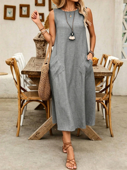 🔥-50%👗 Robe Longue Femme Sans Manches en Coton – Col Rond, Poches et Coupe Linen Look Décontractée🌿 tissu respirant