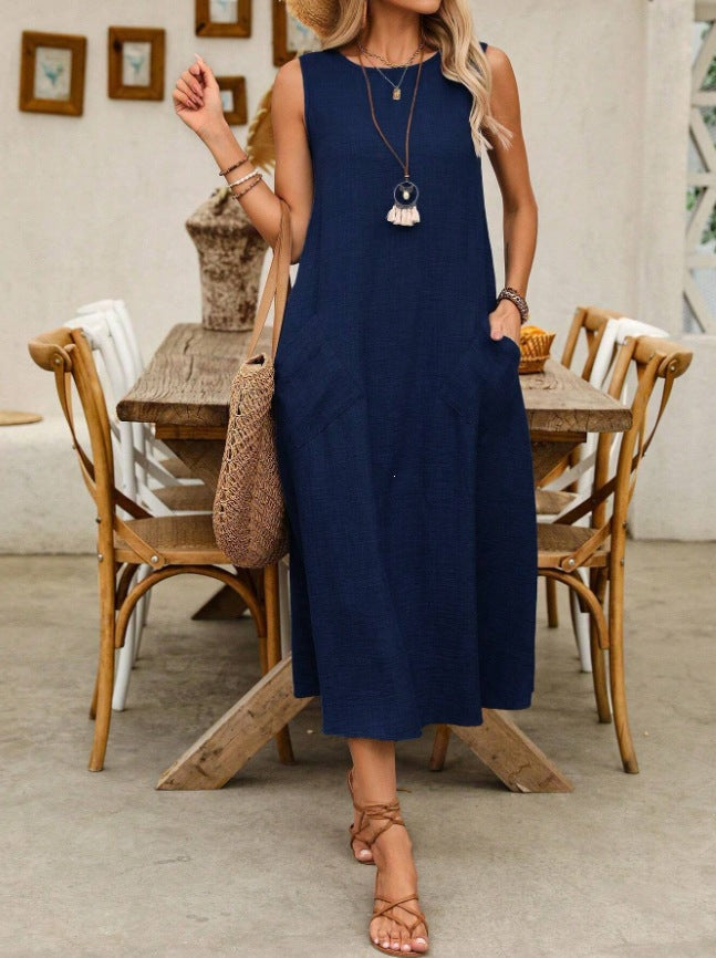 🔥-50%👗 Robe Longue Femme Sans Manches en Coton – Col Rond, Poches et Coupe Linen Look Décontractée🌿 tissu respirant