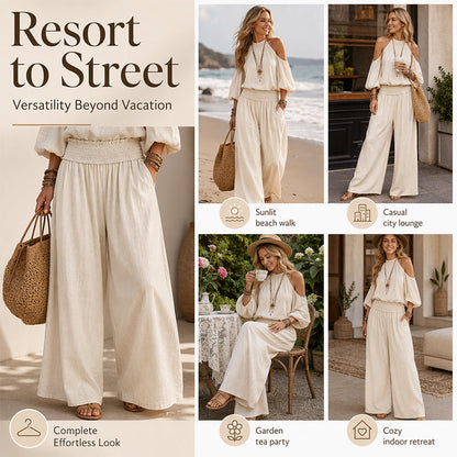 🎉 OFFRE LIMITÉE -50% ! 🌸 Ensemble Haut Halter Épaules Dénudées & Pantalon Large pour Femme – Élégance Boho & Respirabilité Lin ✨