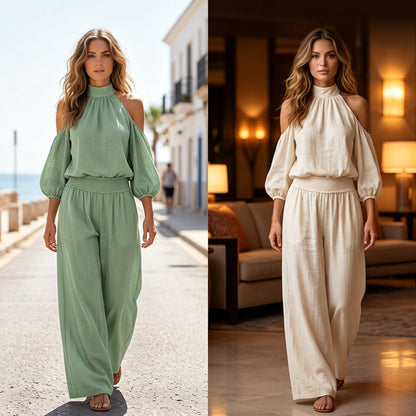 🎉 OFFRE LIMITÉE -50% ! 🌸 Ensemble Haut Halter Épaules Dénudées & Pantalon Large pour Femme – Élégance Boho & Respirabilité Lin ✨