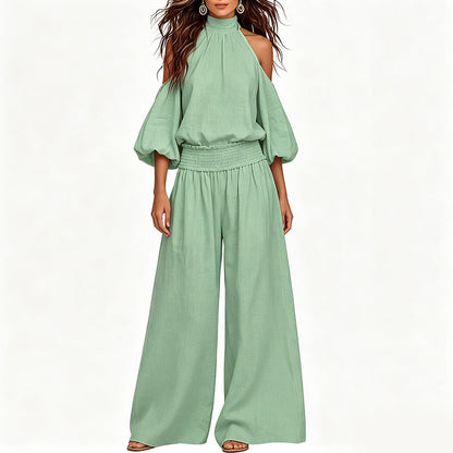 🎉 OFFRE LIMITÉE -50% ! 🌸 Ensemble Haut Halter Épaules Dénudées & Pantalon Large pour Femme – Élégance Boho & Respirabilité Lin ✨